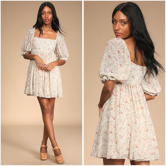 NWT Lulu's Sweet Daydreams White Floral Print Puff Sleeve Mini Dress Lar… - Picture 1 of 10